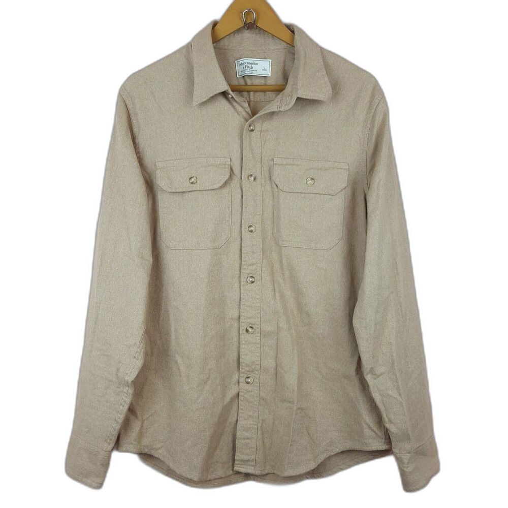 Abercrombie Fitch Men Button Down Shirt Long Sleeve 100% Cotton Soft Biege Sz L